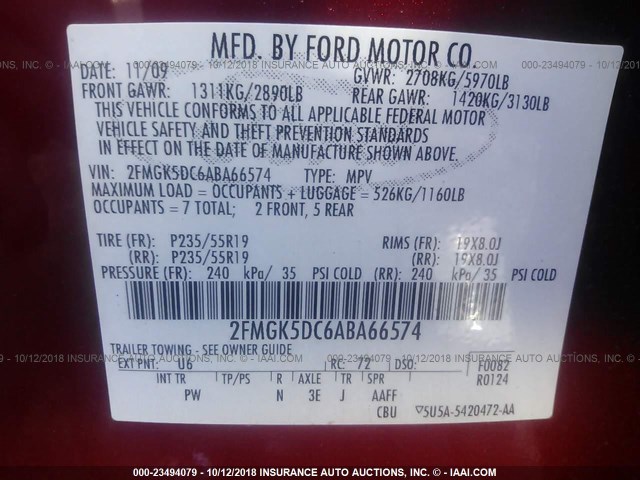 2FMGK5DC6ABA66574 - 2010 FORD FLEX LIMITED RED photo 9