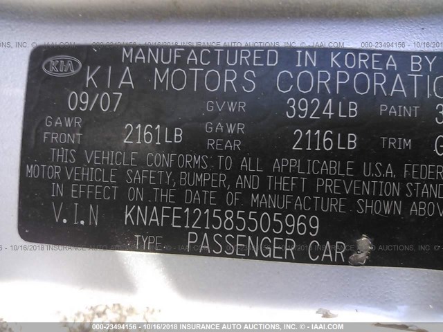 KNAFE121585505969 - 2008 KIA SPECTRA EX/LX/SX SILVER photo 9