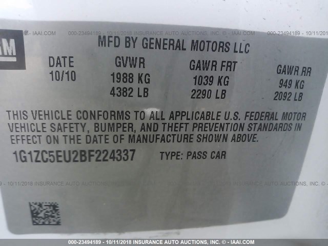 1G1ZC5EU2BF224337 - 2011 CHEVROLET MALIBU 1LT WHITE photo 9