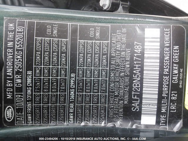 SALFT2BN5AH171487 - 2010 LAND ROVER LR2 HSE TECHNOLOGY GREEN photo 9