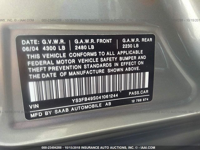 YS3FB49S041061244 - 2004 SAAB 9-3 LINEAR SILVER photo 9