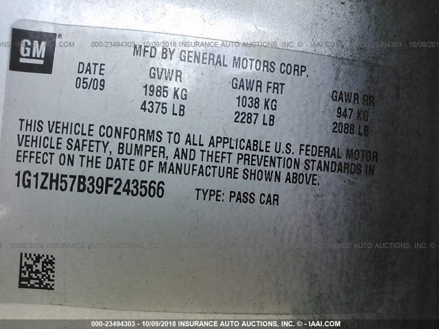 1G1ZH57B39F243566 - 2009 CHEVROLET MALIBU 1LT SILVER photo 9