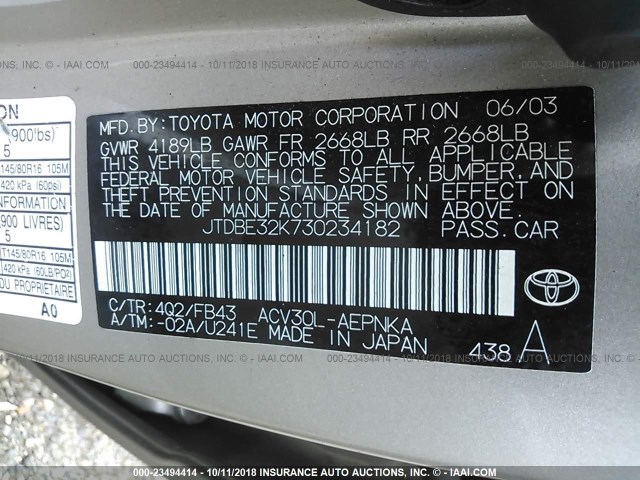 JTDBE32K730234182 - 2003 TOYOTA CAMRY LE/XLE 棕色 照片 9