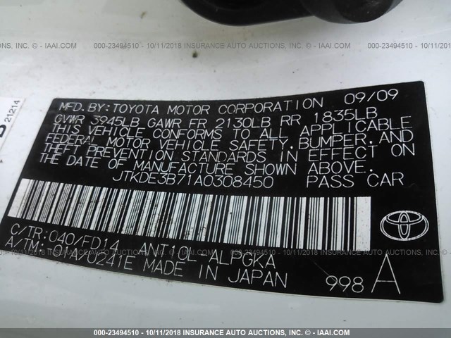 JTKDE3B71A0308450 - 2010 TOYOTA SCION TC 白色 照片 9