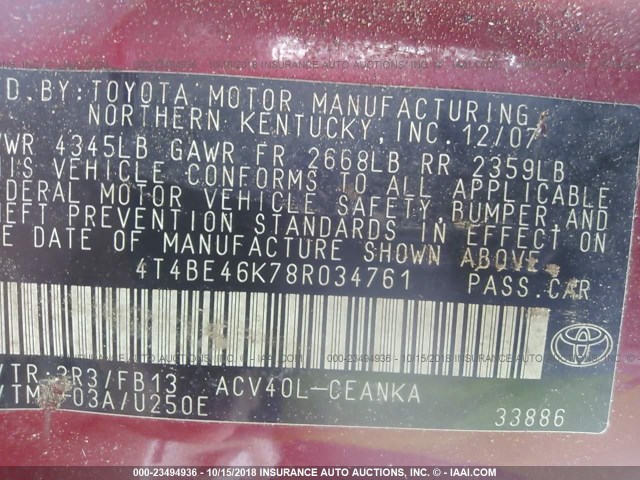 4T4BE46K78R034761 - 2008 TOYOTA CAMRY CE/LE/XLE/SE RED photo 9