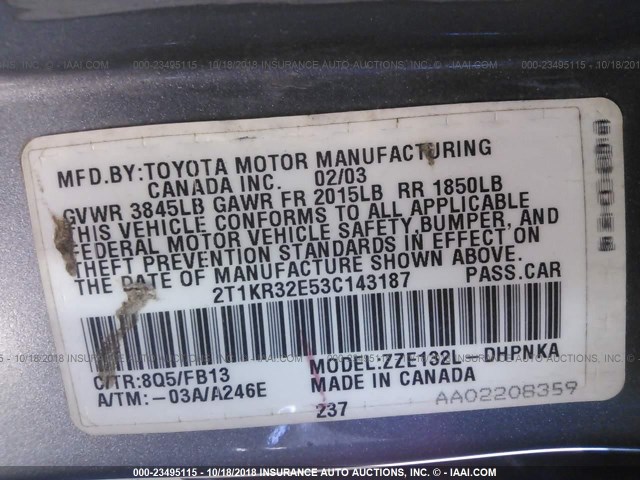 2T1KR32E53C143187 - 2003 TOYOTA COROLLA MATRIX XR BLUE photo 9