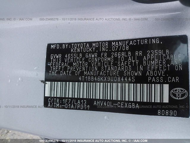 4T1BB46KX9U084445 - 2009 TOYOTA CAMRY HYBRID SILVER photo 9