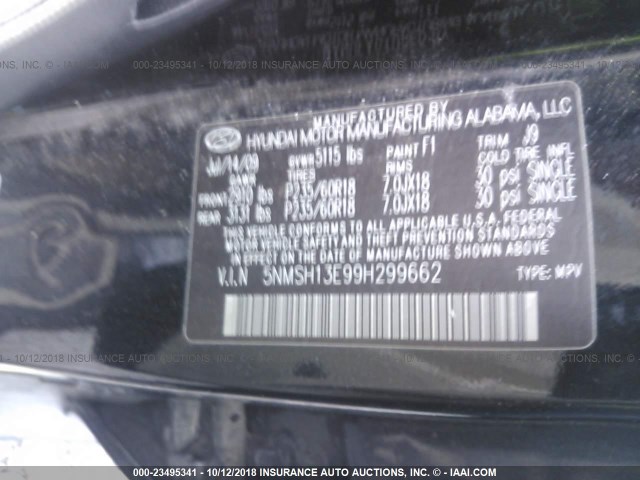 5NMSH13E99H299662 - 2009 HYUNDAI SANTA FE SE/LIMITED BLACK photo 9