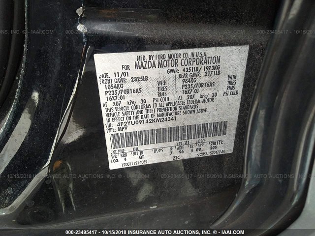 4F2YU09142KM24341 - 2002 MAZDA TRIBUTE LX/ES BLACK photo 9