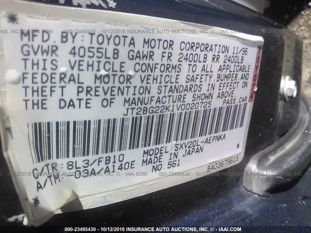 JT2BG22K1V0020725 - 1997 TOYOTA CAMRY LE/XLE BLUE photo 9