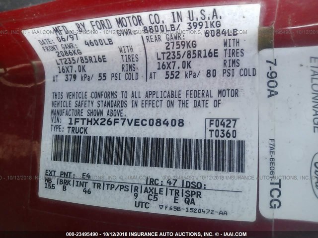 1FTHX26F7VEC08408 - 1997 FORD F250 RED photo 9