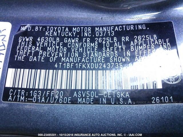 4T1BF1FKXDU243735 - 2013 TOYOTA CAMRY L/SE/LE/XLE Boz foto 9