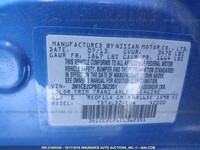 3N1CE2CP6EL362351 - 2014 NISSAN VERSA NOTE S/S PLUS/SV/SL BLUE photo 9