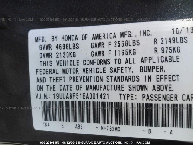 19UUA8F51EA001421 - 2014 ACURA TL TECH GRAY photo 9