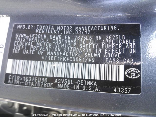 4T1BF1FK4CU081745 - 2012 TOYOTA CAMRY SE/LE/XLE BLACK photo 9