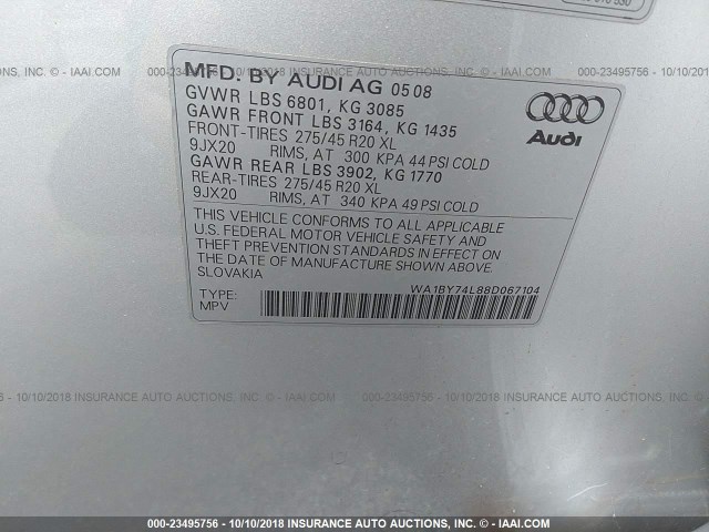 WA1BY74L88D067104 - 2008 AUDI Q7 3.6 QUATTRO PREMIUM SILVER photo 9