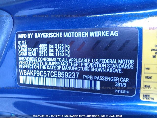 WBAKF9C57CE859237 - 2012 BMW 335 XI BLUE photo 9