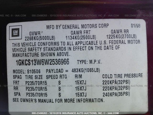 1GKCS13W6W2536966 - 1998 GMC JIMMY أحمر صورة 9