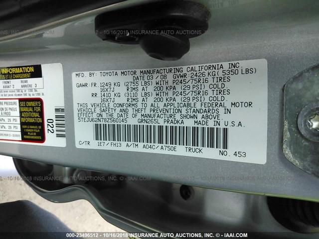 5TEJU62N78Z560145 - 2008 TOYOTA TACOMA DOUBLE CAB PRERUNNER SILVER photo 9