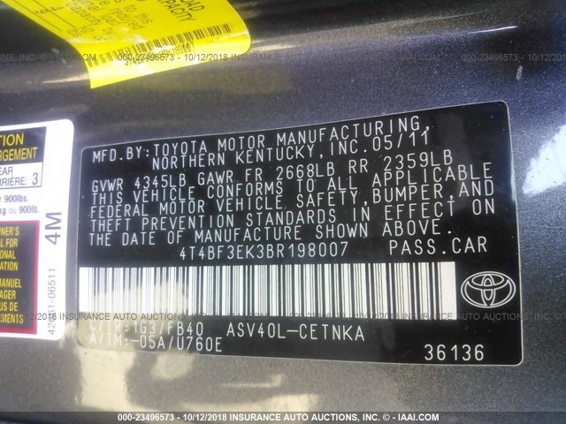 4T4BF3EK3BR198007 - 2011 TOYOTA CAMRY SE/LE/XLE GRAY photo 9