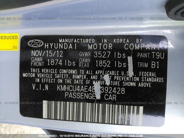 KMHCU4AE4DU392428 - 2013 HYUNDAI ACCENT GLS/SE Light Blue photo 9