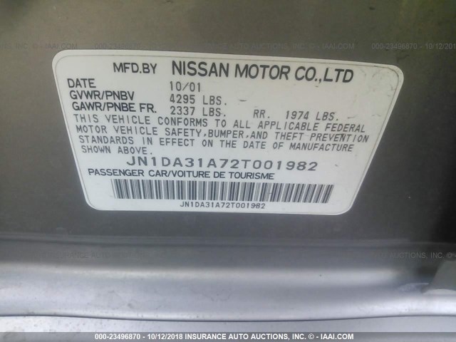 JN1DA31A72T001982 - 2002 NISSAN MAXIMA GLE/SE GRAY photo 9