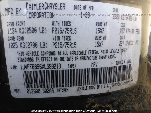 1J4FF68S6XL598213 - 1999 JEEP CHEROKEE SPORT/CLASSIC ლურჯი ფოტო 9