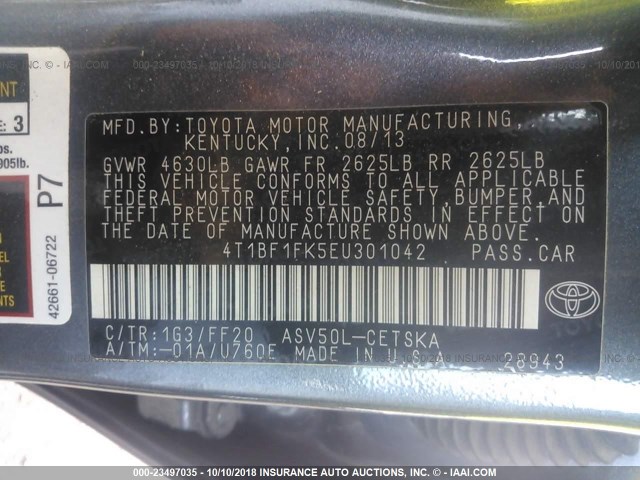 4T1BF1FK5EU301042 - 2014 TOYOTA CAMRY L/SE/LE/XLE Boz foto 9