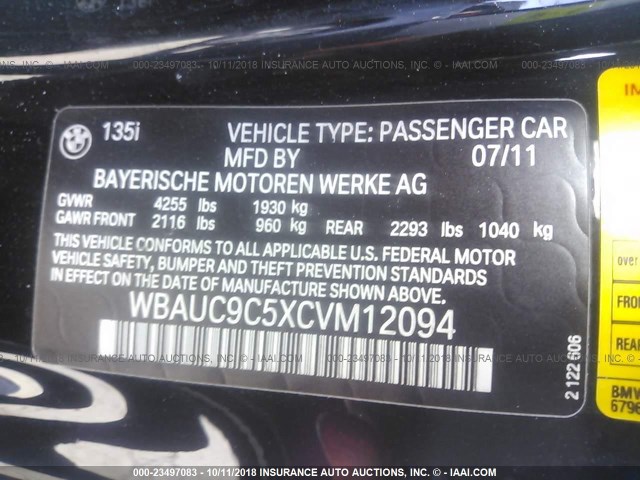 WBAUC9C5XCVM12094 - 2012 BMW 135 I BLACK photo 9