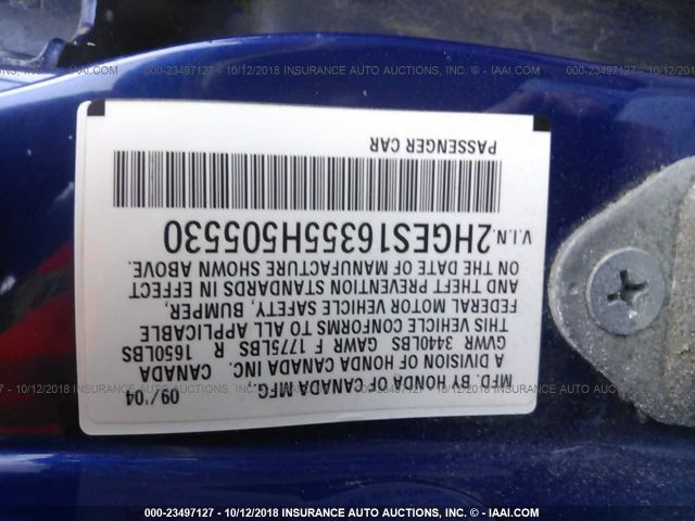 2HGES16355H505530 - 2005 HONDA CIVIC DX VP Mavi foto 9