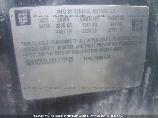 1G11C5SL6EF278625 - 2014 CHEVROLET MALIBU 1LT BLACK photo 9