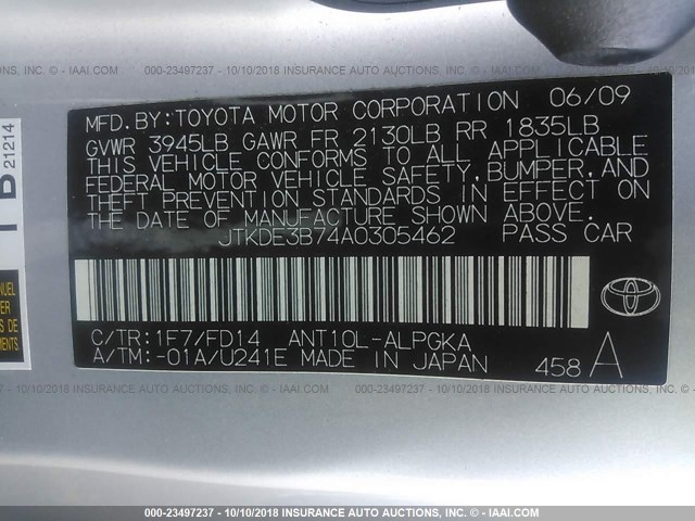 JTKDE3B74A0305462 - 2010 TOYOTA SCION TC 银色 照片 9