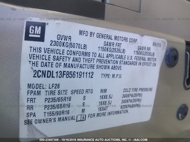 2CNDL13F856191112 - 2005 CHEVROLET EQUINOX LS GOLD photo 9