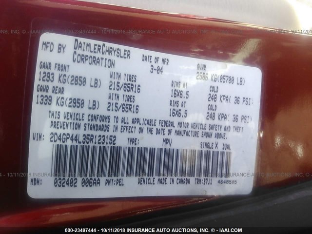 2D4GP44L35R123152 - 2005 DODGE GRAND CARAVAN SXT RED photo 9