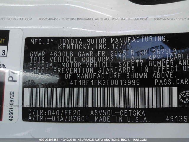 4T1BF1FK2FU013996 - 2015 TOYOTA CAMRY LE/XLE/SE/XSE WHITE photo 9