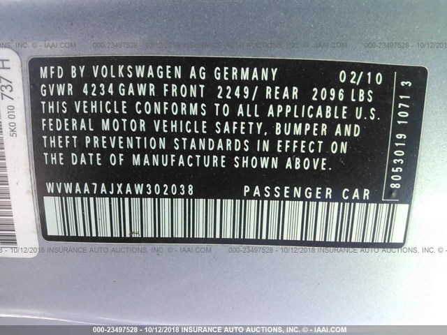 WVWAA7AJXAW302038 - 2010 VOLKSWAGEN GOLF Light Blue photo 9