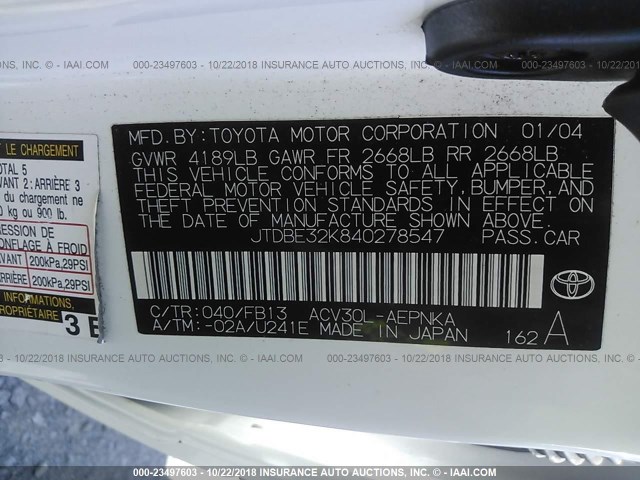 JTDBE32K840278547 - 2004 TOYOTA CAMRY LE/XLE WHITE photo 9