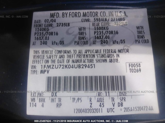 1FMZU72K04UB29451 - 2004 FORD EXPLORER XLS/XLS SPORT BLUE photo 9