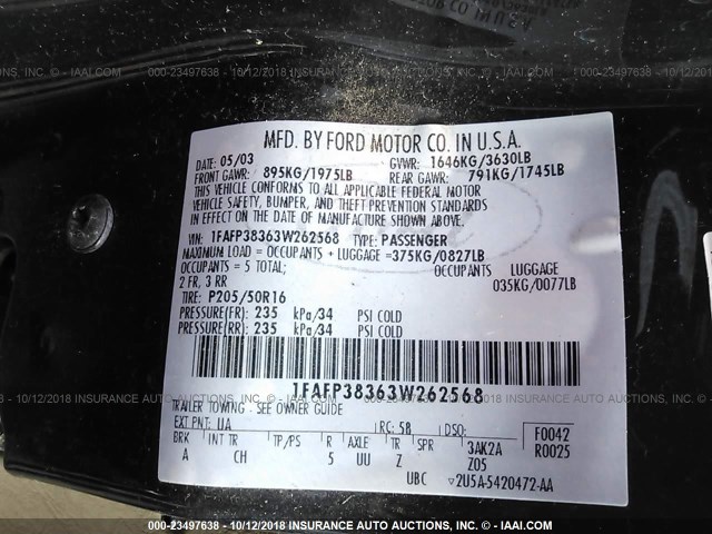 1FAFP38363W262568 - 2003 FORD FOCUS ZTS BLACK photo 9