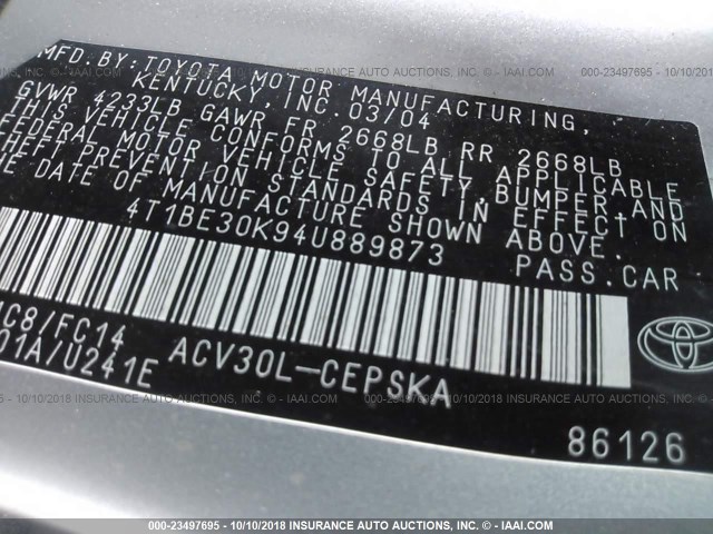 4T1BE30K94U889873 - 2004 TOYOTA CAMRY LE/XLE/SE SILVER photo 9