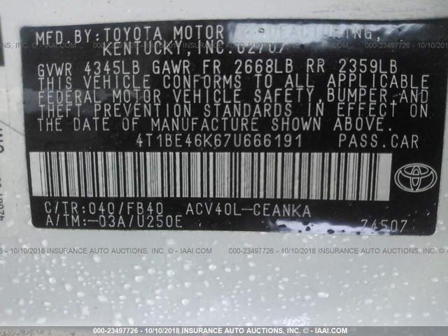 4T1BE46K67U666191 - 2007 TOYOTA CAMRY NEW GENERAT CE/LE/XLE/SE WHITE photo 9
