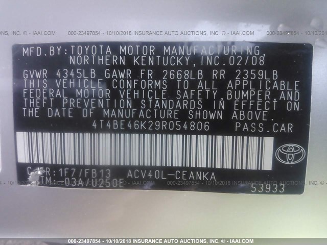 4T4BE46K29R054806 - 2009 TOYOTA CAMRY SE/LE/XLE SILVER photo 9