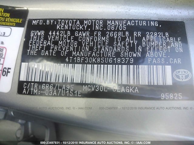 4T1BF30K85U618379 - 2005 TOYOTA CAMRY LE/XLE/SE 银色 照片 9