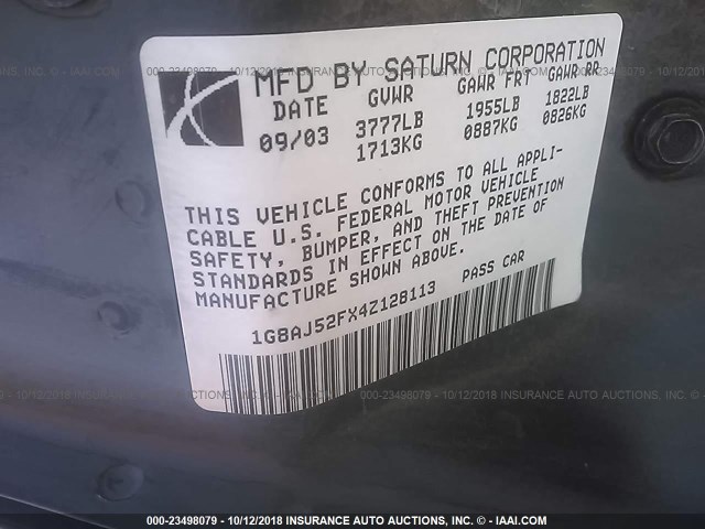 1G8AJ52FX4Z128113 - 2004 SATURN ION LEVEL 2 灰色 照片 9