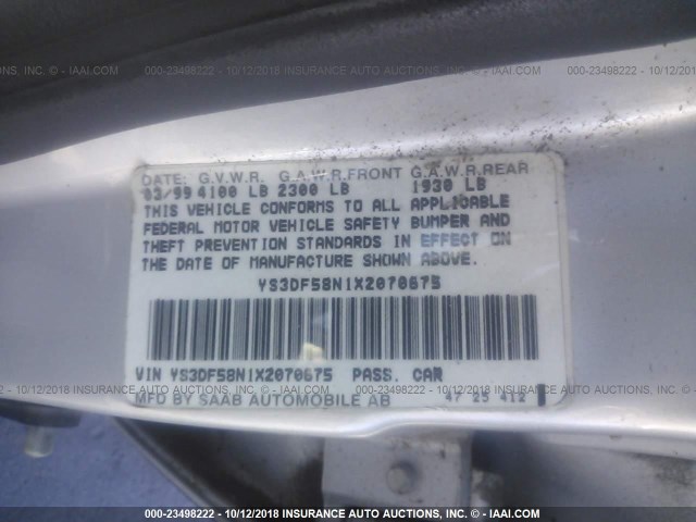 YS3DF58N1X2070675 - 1999 SAAB 9-3 SE SILVER photo 9