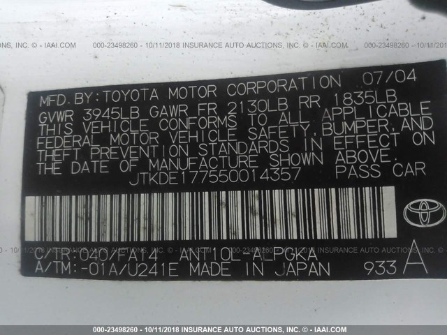 JTKDE177550014357 - 2005 TOYOTA SCION TC 白色 照片 9