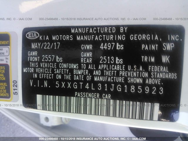 5XXGT4L31JG185923 - 2018 KIA OPTIMA LX/S WHITE photo 9