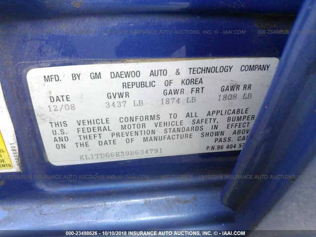 KL1TD66E39B634791 - 2009 CHEVROLET AVEO LS/LT Կապույտ լուսանկար 9