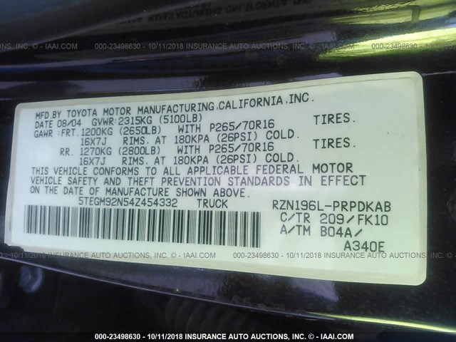 5TEGM92N54Z454332 - 2004 TOYOTA TACOMA DOUBLE CAB PRERUNNER BLACK photo 9