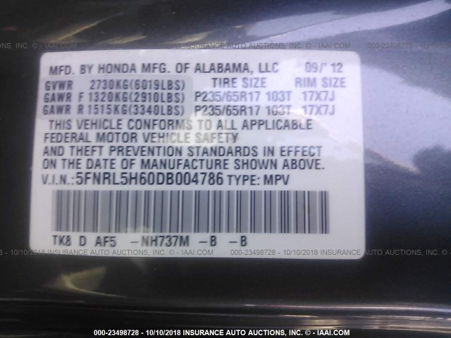 5FNRL5H60DB004786 - 2013 HONDA ODYSSEY EXL Gris foto 9